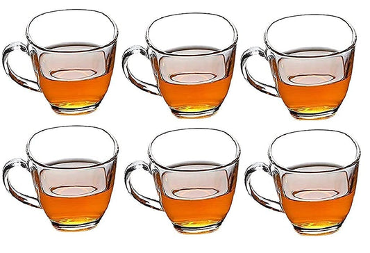 Square Crystal Clear Toughened Glass Tea Cup with Convenient Solid Handle Cups, Glass Set for Tea, Coffee, Beer, Hot/Cold Drinks 140 ml 6 Pcs Set