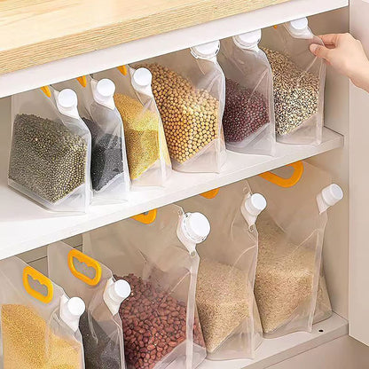 Plastic 5Pcs-1.5L Kitchen Storage Bag Grains Rice Moisture-Proof Sealed Bag, Resealable, Transparent Bags Stand Up Pouch Bags With Portable Handle For Long Term Food Storage Container