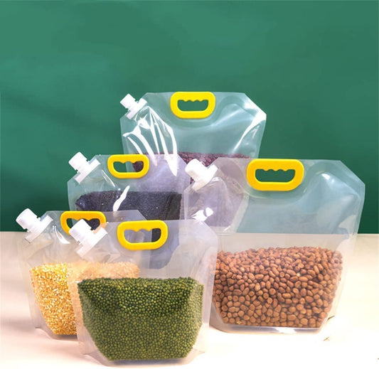 Plastic 5Pcs-1.5L Kitchen Storage Bag Grains Rice Moisture-Proof Sealed Bag, Resealable, Transparent Bags Stand Up Pouch Bags With Portable Handle For Long Term Food Storage Container